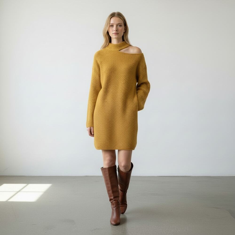 RTA Women Mustard Yellow High Neck Long Sleeve Sweater Dress Size S